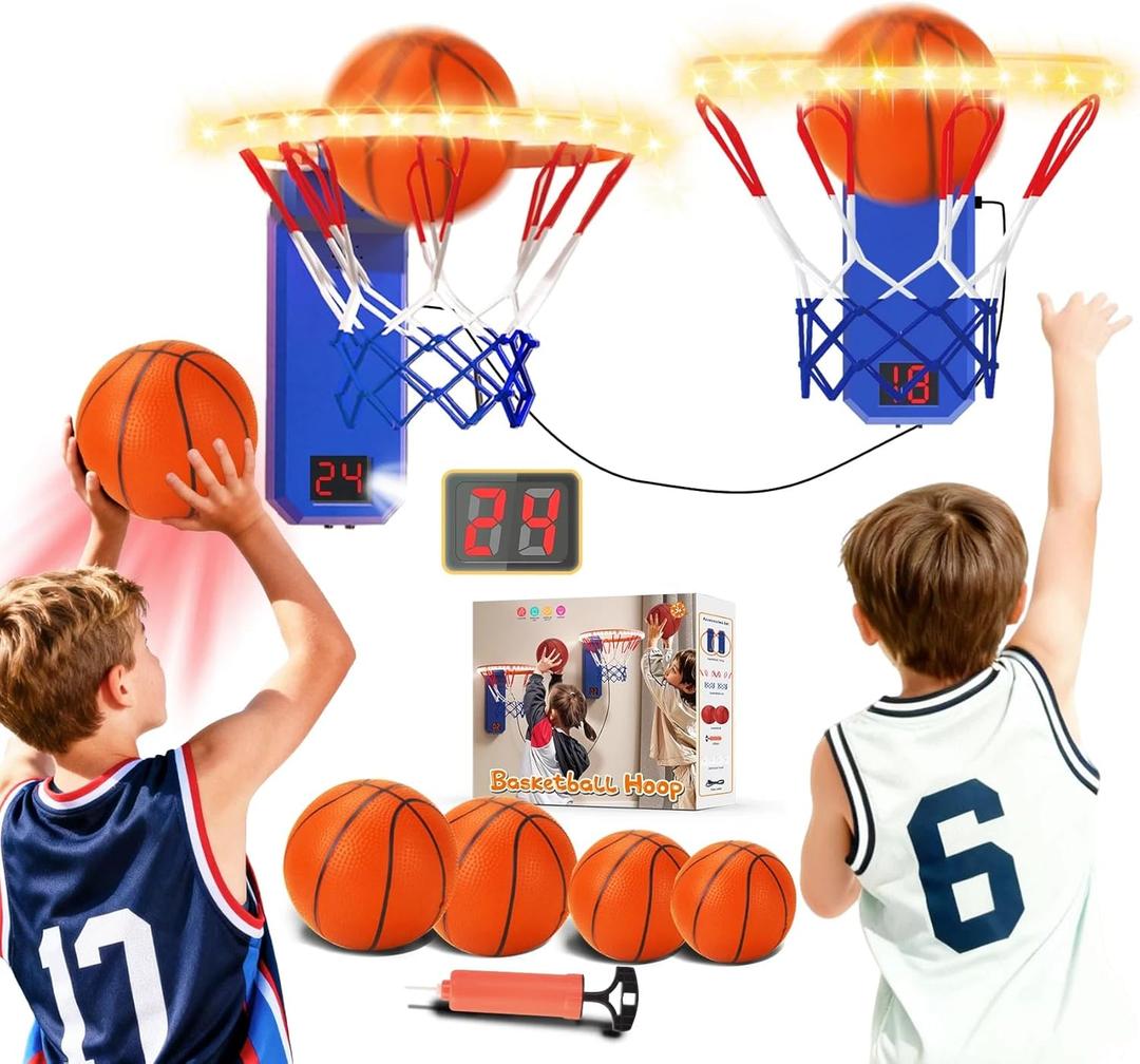 VATOS 2 Pcs LED Basketball Hoop Toy Set - Mini Basketball Hoop Indoor for Kids with 2 Game Mode, Sound Effect, Auto-Score & 4 Balls, Stick-on Basketball Hoop Toy Sport Game for Kids 3-8