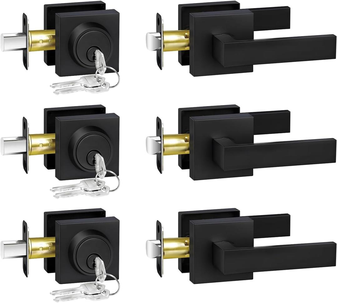 Exterior Door Lock Set, Door Locks for Front Door with Single Cylinder Deadbolt Lock, Matte Black Flat Square Passage Door Handle with Key for Front Door, 3 Pack (All Same Keyed Alike)