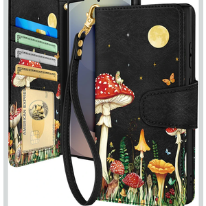 Toycamp for Samsung Galaxy S25 Ultra Wallet Case with Wrist Strap - Leather Flip Folio Phone Case with RFID Blocking 4 Card Slots Galaxy S25 Ultra Funda Cute Aesthetic for Women Lady, Moon Mushroom