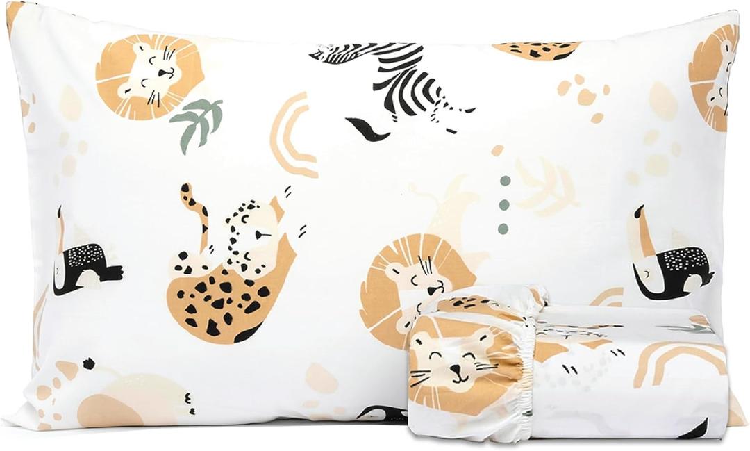 Salt Earth 100% Cotton 210TC Kids Bedsheet, Twin Fitted Sheet, Toddler Bed, 2 Piece Bedding Set- 1 Fitted Sheet and 1 Pillowcase, Themed Toddler Bed Sheets, Cute Sheets for Kids Bed (Jungle)