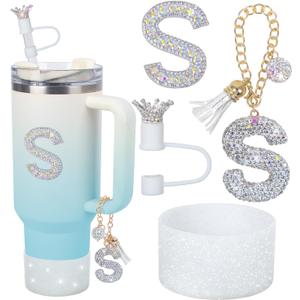 Letter Charms for Stanley Cup Handle,Silicone Boot Accessories Charms for Stanley Cup 40oz 30oz,Crown Straw Cover Topper & Diamond Sticker(S)