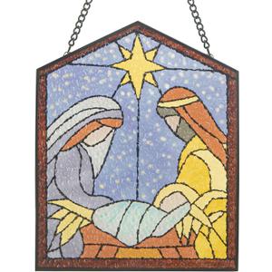 Nativity Scene Sun Catcher - 8'' Nativity Scene Stained Glass Window Hanging Ornaments Glass Sun Catcher for Home Window Decor Colorful Glass Panel for Wall Hanging Christmas Ornament Gift