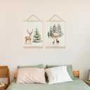 URLLUAE Christmas Tree Deer Winter Forest Wall Art Posters, Rustic Snow Covered Christmas Tree Cabin Winter Scene Poster Hanger Frame for Home Bedroom Living Room Wall Decor, 12x16 Inch Set of 2