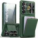 SSLOTSCASE for Samsung Galaxy S25 Ultra Case with 2X Screen Protector, Card Holder & Camera Cover Stand & Slide Lens Cover, Multifunctional Rugged Wallet Phone Cover for Galaxy S25 Ultra, Green