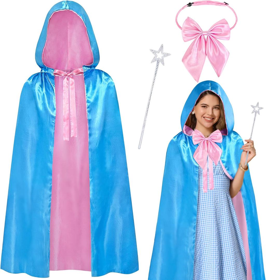 Fairy Godmother Costume Set, Fairy Costume Accessories with Blue Fairy Hooded Cloak Bow Tie Star Stick for Women (Blue)