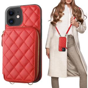 Bocasal Crossbody Wallet Case for iPhone 12/12 Pro, RFID Blocking PU Leather Zipper Handbag Purse Flip Cover, Kickstand Folio Case with Card Slots Holder Wrist Strap Lanyard 5G 6.1 Inch (Red)