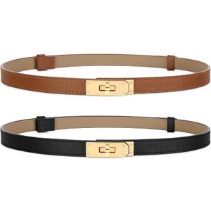 2 Pack Women Skinny Leather Belt for Dresses Jeans Solid Color Alloy Turn Lock (Fits Size 23-33, Black+brown)