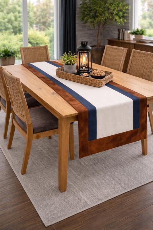 Faux Leather Table Runner 14 x 72 Inch, Brown Border with Ivory Center & Navy Accent, Modern Farmhouse Rustic Dining Table Runner for Kitchen, Console, Coffee Table | Woodland Luxury Dining Decor