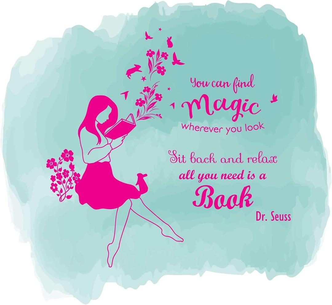 Children Find Magic Wherever You Look Happiness Quote Wall Decal Decoration Book Lover Silhouette Woman Happy Reading Flowers Butterfly Lasts Years and Easily Removable - Size: 20 in(W) x 18 in(H)