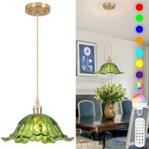 Battery Operated Pendant Light,Green Chandelier 2500mAh RGB Light Bulb 11in Vintage Light Fixtures with Remote Control Wireless Adjustable Rechargeable Chandelier for Kitchen Island Hallway 1Light