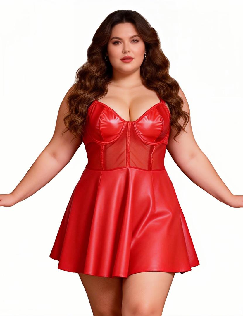 ohyeah Underwire Faux Leather Dress Sexy Lingerie Set for Women Red Mini Dress Spaghetti Club Dresses,XXL (Red, XXL)