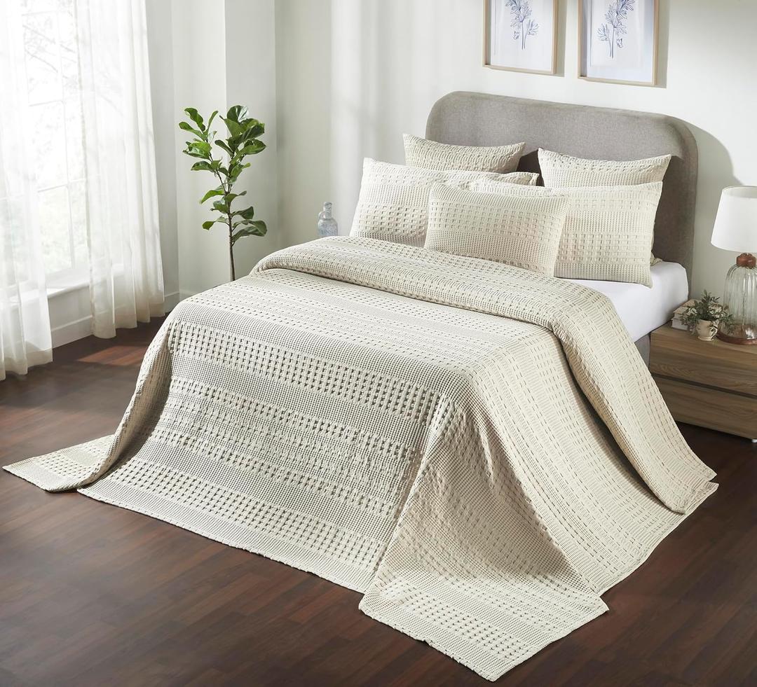VHC Brands 100% Cotton Waffle Weave Natural Oversized King Size Blanket 120x120, Decorative Cotton Throw Blanket, Boho Farmhouse Bedroom Decor for Bed, Couch, or Sofa