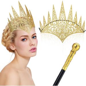 Hicarer 2 Pcs Women Queen Crown Set Royal Die Cut Glitter Crown Cane Witch Costume Accessory for Halloween Party (Gold)