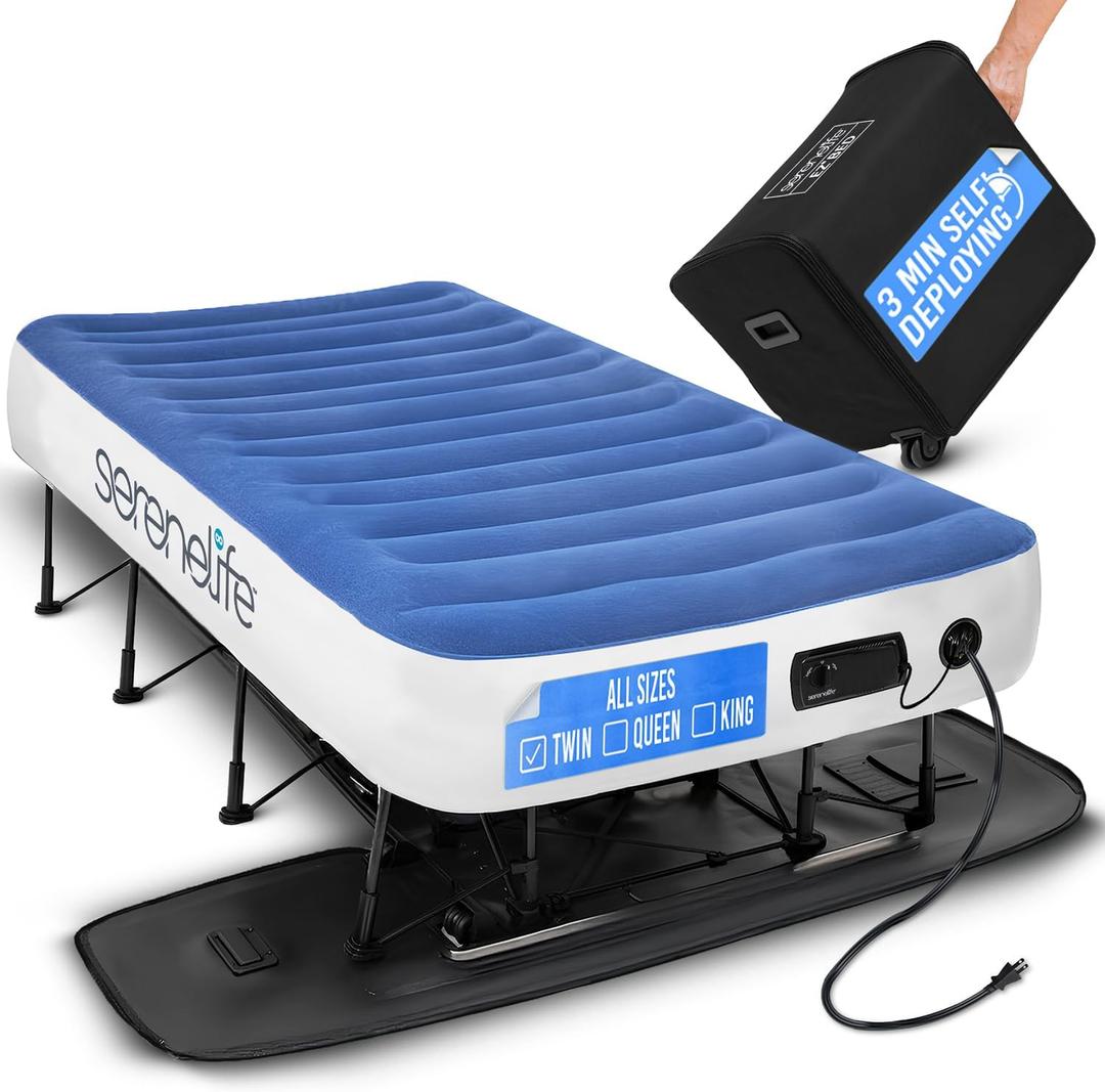 SereneLife EZ Bed Air Mattress with Frame and Rolling Case, Self-Inflating Airbed with Built in Pump for Travel and Hosting, Twin