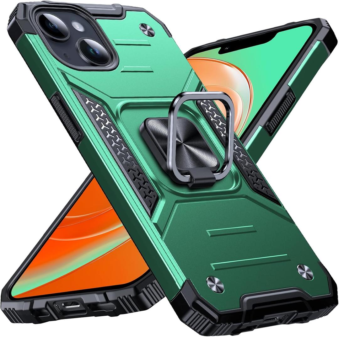 Anqrp Heavy Duty Case for iPhone 13/14 Case with Enhanced Ring Holder Grip Stand, Military Grade Shockproof Rugged Drop Protective Silicone Hard Slim iPhone 13/14 Phone Case Cover, Forest Green