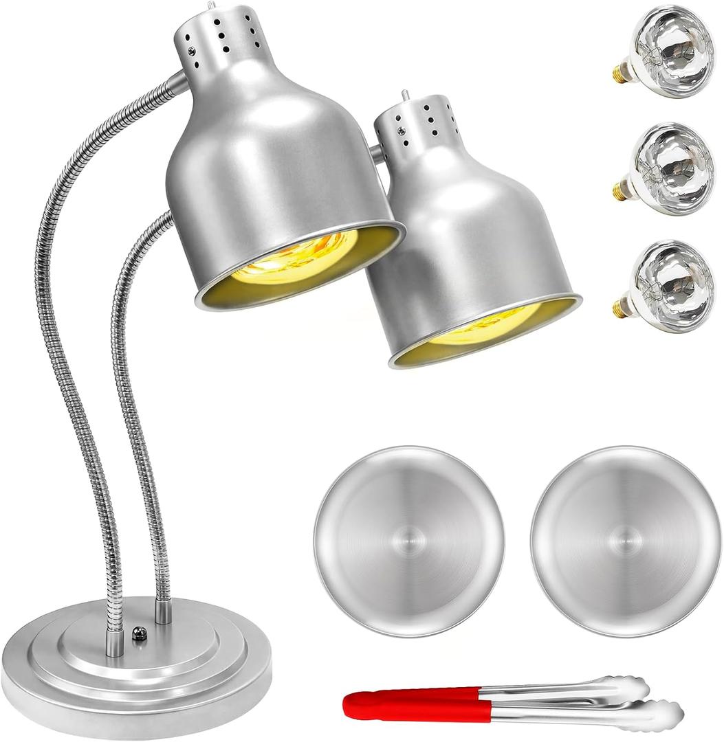 Original Food Heat Lamp, 500W Commercial Silver Food Warmer Light with 3 Bulbs, Adjustable and Flexible Buffet Heating Lamp for Catering, Restaurant, Party (Includes Plates & Tong)
