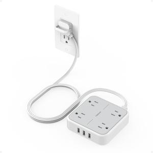 Flat Plug Surge Protector Power Strip, TESSAN 5 ft Extension Cord with 4 Outlets and 3 USB Ports, Indoor Desk Charging Station, 900J Surge Protector for Travel, Office, School, Dorm Room Essentials (Grey)