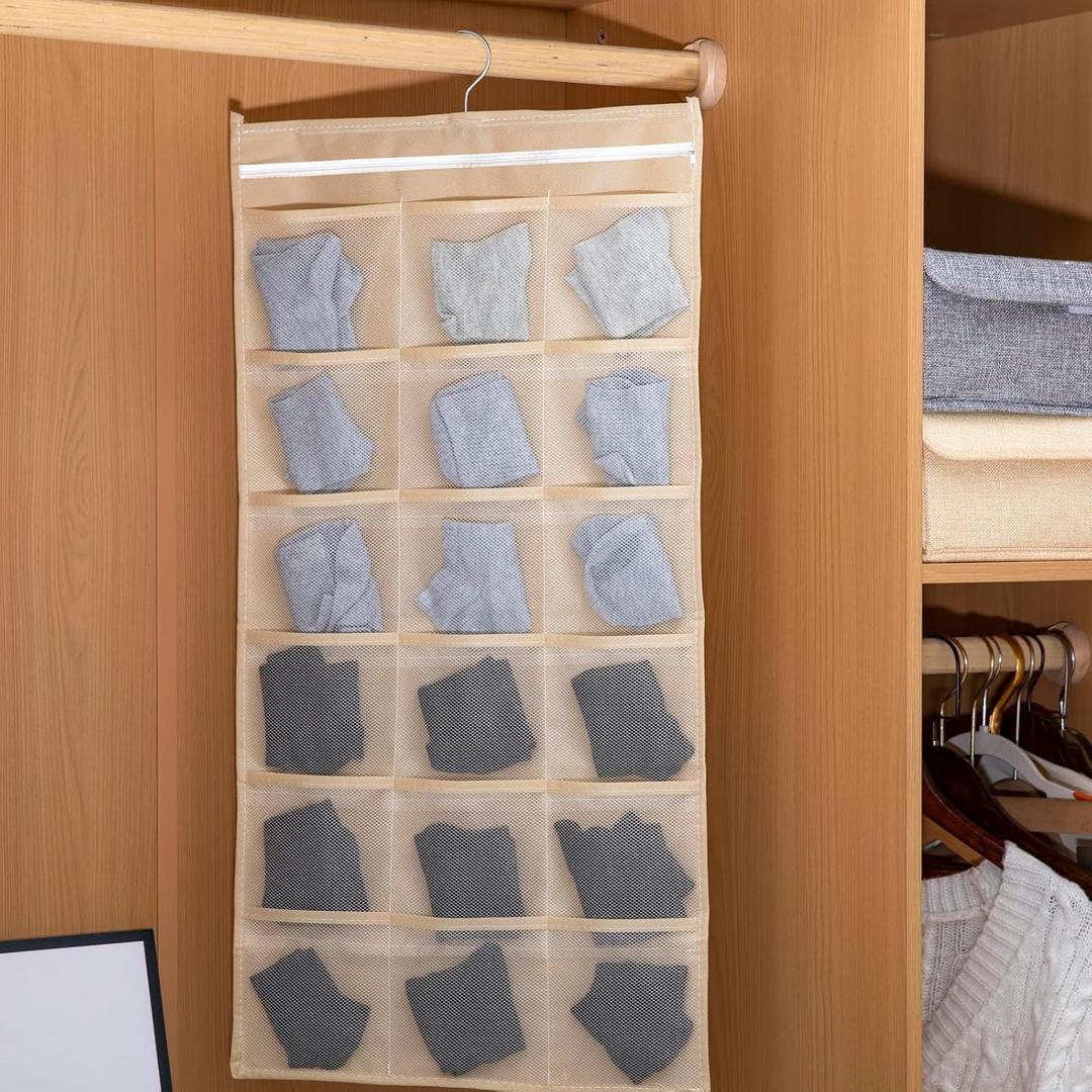 Hanging Fabric Storage Organizer With Multiple Pockets Space-Saving Closet Storage Solution, Beige 12+18 grid (Medium)