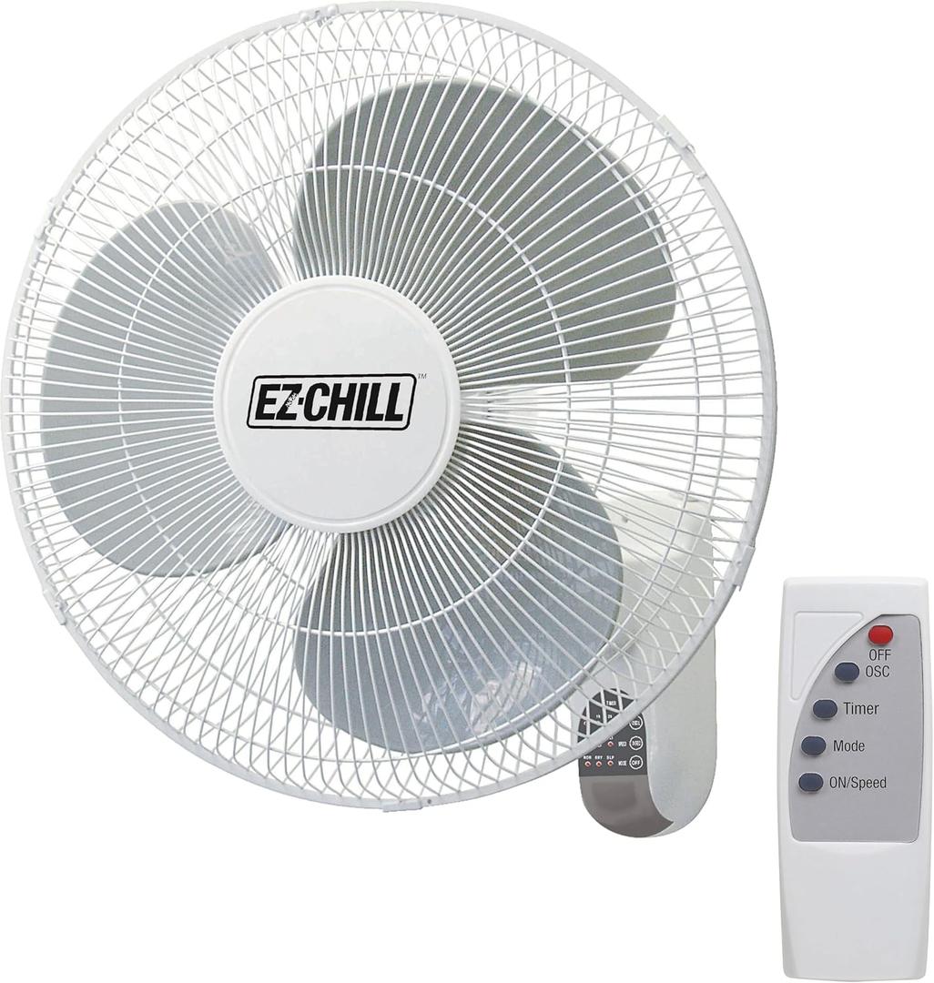 EZ-CHILL 16" Oscillating Wall Mount Fan with Remote Control, Timer, Auto Shut Off, Adjustable Tilt, Quiet, 3 Speed, Ideal for Home, Bedroom, Gym & Office, White