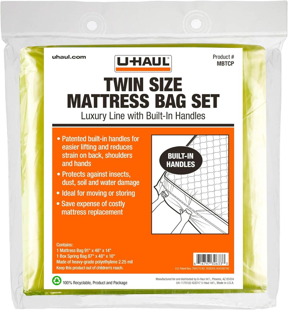 U-Haul Deluxe Twin Mattress and Box Spring Bag Set  Moving and Storage Protection Cover  2.25 Mil  Includes 1 Mattress and1 Box Spring Bag