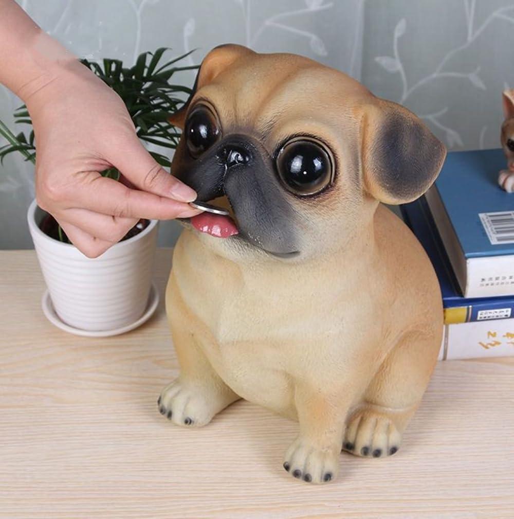 Cute Pug Money Box, Coin Bank Keepsake with Plastic Stopper, Cute Pet Statue Decor Money Saving Coin Bank Animal Birthday Nursery Decor for Girls Boys (Puppy), Yellow