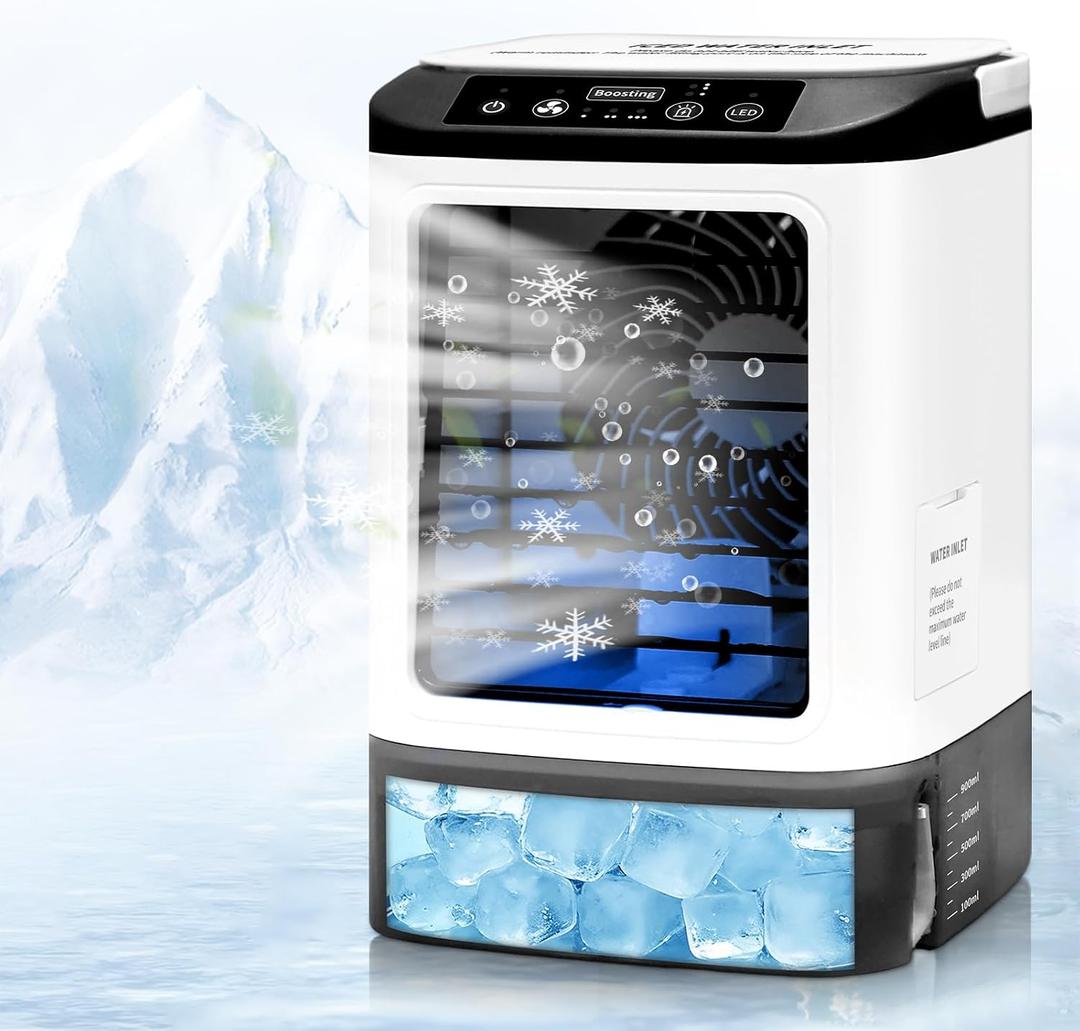 2026 New Portable Air Conditioners,4 Speeds evaporative cooler with Spray/Ice Cubes Mold/900ML Tank/7 LED/Ice Box,Silent Fan Windowless air conditioner,For Home,Office,and Travel miniair conditioner