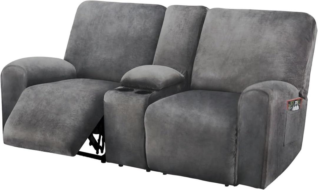 ULTICOR Reclining Loveseat with Middle Console Slipcover, 8-Piece Velvet Stretch Sofa Covers, 2 seat Loveseat Recliner Cover, Thick, Soft, Washable (Dark Grey)