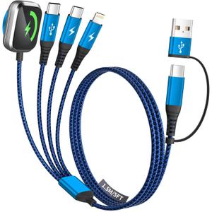Multi Charging Cable for iPhone Watch Charger, 4 in 2 USB A/C Phone Charger Cord with Dual Type-C/IP, iWatch Cable Nylon Travel Essentials Compatible with iWatch/Phone 17-11/Pod/Android, 5FT (Blue)
