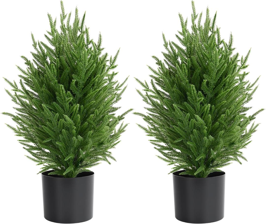 Palonu 2 Pcs 2Ft Christmas Norfolk Pine Potted Trees, 24" Realistic Artificial Norfolk Tree with Pot Faux Greenery UV Resistant Fake Plants for Tabletop Front Porch Indoor Outdoor Home Decor
