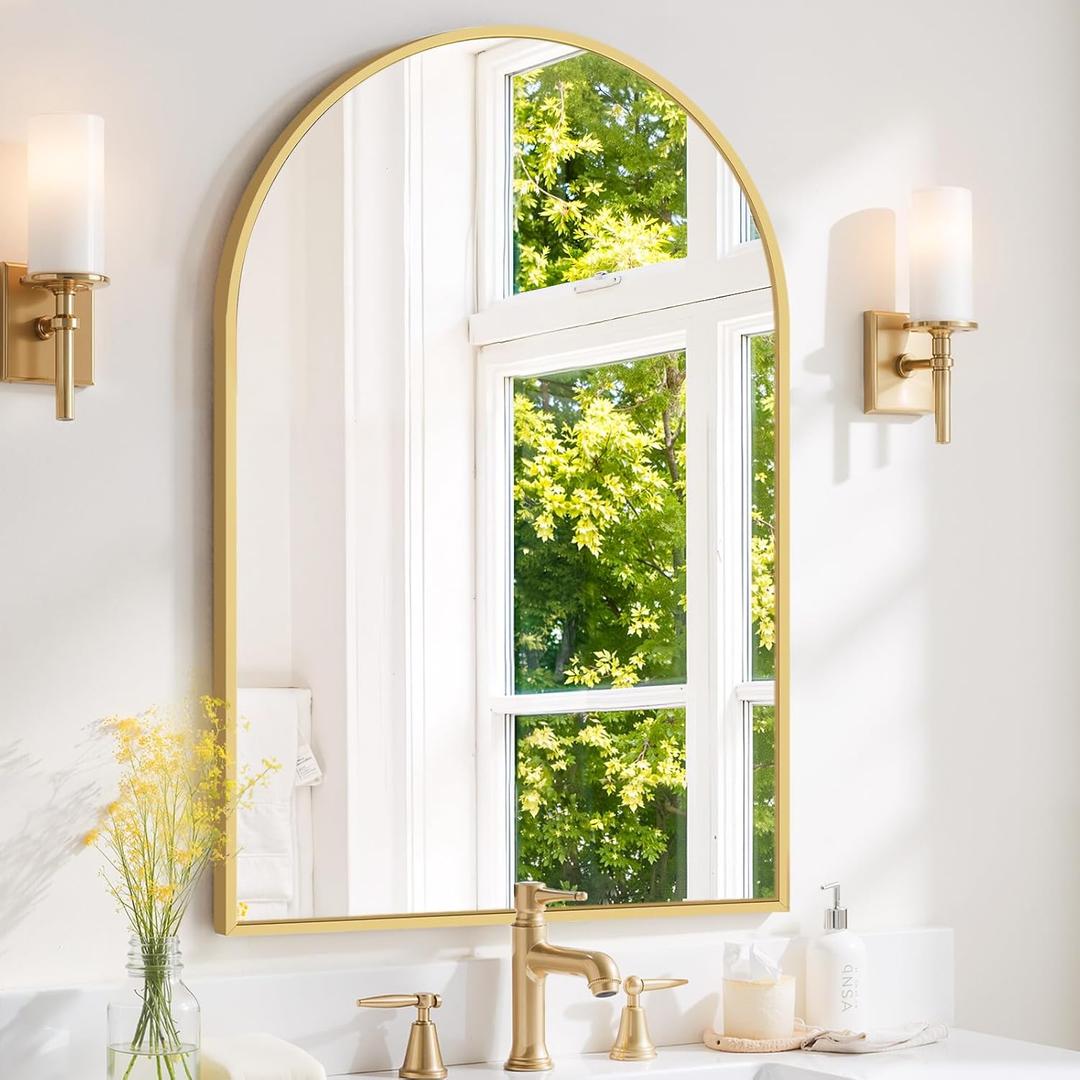 Arched Wall Mirror 38x26 Inch Gold Bathroom Vanity Mirror with Metal Frame, Modern Arch Mirror for Bedroom, Living Room, Entryway, Wall Mounted Decorative Mirror