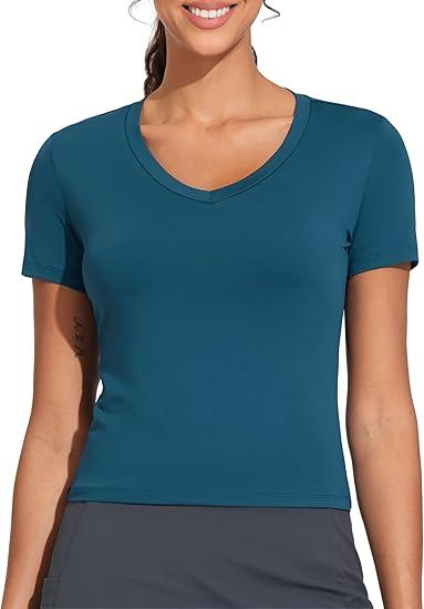 THE GYM PEOPLE Women's V-Neck Crop Workout T-Shirts Slim Fit Basic Short Sleeve Yoga Casual Tee Tops, XL