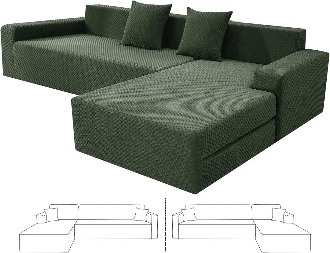 ZNSAYOTX Sectional Couch Covers, Stretch Jacquard Slipcovers with Elastic Bottom for L-Shape Sectional Sofa, 2 Pcs Pet Friendly Modular Sofa Protector (3 Seat Couch + 2 Seat Chaise, Army Green)