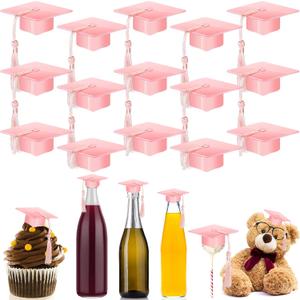 Qunclay 30 Pieces Mini Graduation Cap Pink Hats with Pink Tassels Plastic Grad Cake Pops Cover Toppers for Graduation Party Decorations