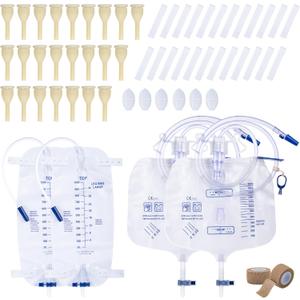 External Condom Catheter for Men Kit, 24 Soft Latex, 6 Catheter Stabilization Devices, 2 x 1000mL Urinary Leg Bags, 2 x 2000mL Overnight Catheter Bag, 2 Roll Tapes Set for Incontinence Men Use (25mm)