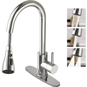 Kitchen Faucet with Pull Down SprayerStainless Steel Single Handle Kitchen FaucetMultiple Modes Switch Water,1/3 Hole, Deck Plate Included (Chrome)