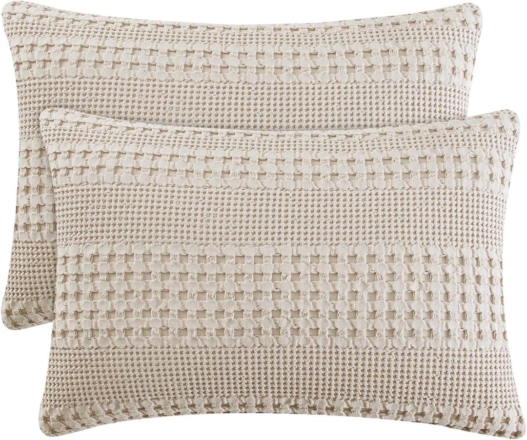 PHF 100% Cotton Waffle Pillow Shams Standard Size, 2 Pack 20" x 26" Soft Skin-Friendly Pillowcases, No Filling, Aesthetic Woven and Breathable Waffle Weave Pillow Case Covers for Bed, Oatmeal