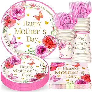 24 cups, 48 plates, 24 forks and knifes Mother's Day Plates Napkins and Cups Happy Mother's Day Party Supplies Pink Mom Flower Theme Tableware for Mommy Birthday Party Decorations