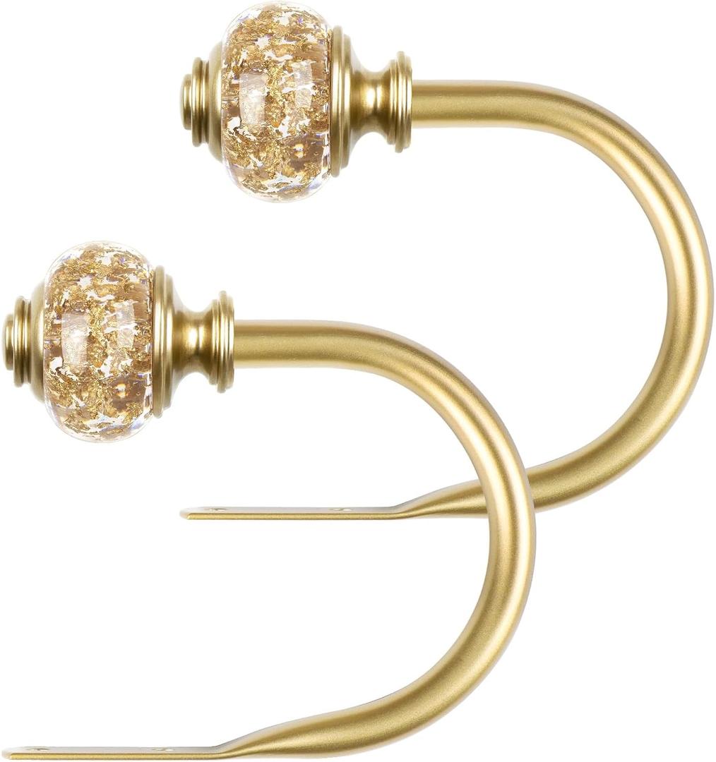 2 Pack Curtain Holdbacks, USFOOK Decorative Window Drapery Tiebacks (2 Pack/1 Pair), Curtain Tie Back Hooks for Wall with Gold Translucent Finials (3.95" L x 3.4" W)