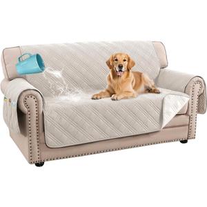 H.VERSAILTEX 100% Waterproof Couch Cover 2 Cushion Sofa Modern Sofa Covers Waterproof and Washable Thick Soft Couch Cover for Dogs with Elastic Straps (Loveseat, French Oak/Beige)