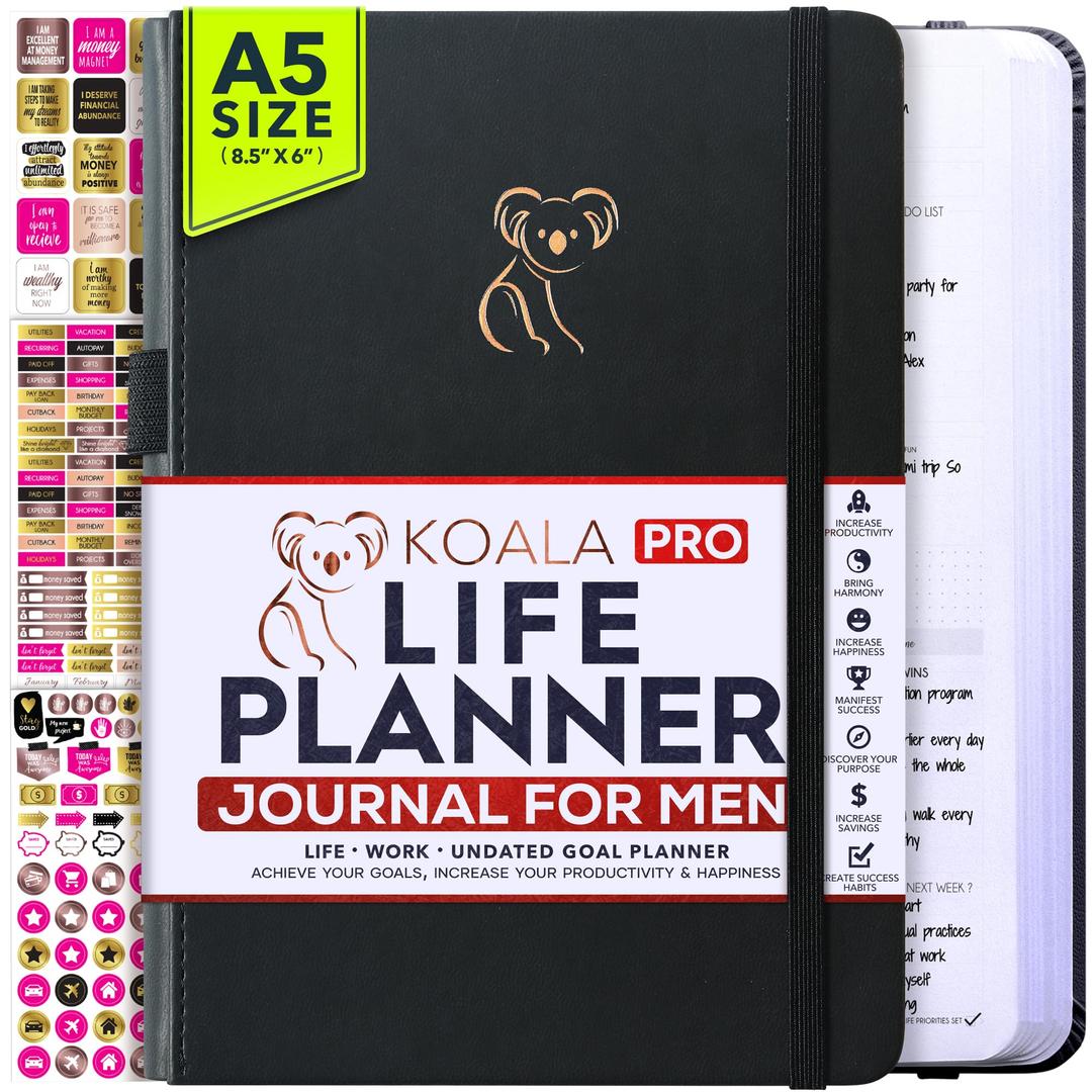 Koala Planner - Undated Weekly Planner, a 12 Month Journey to Increase Productivity & Happiness - Life Organizer, Gratitude Journal, and Stickers, A5