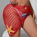 ZAFUL Crochet Sarong Coverups for Women Beach Vacation Starfish See Thru Tie Side Bathing Suit Cover Up Mini Skirt (Red)