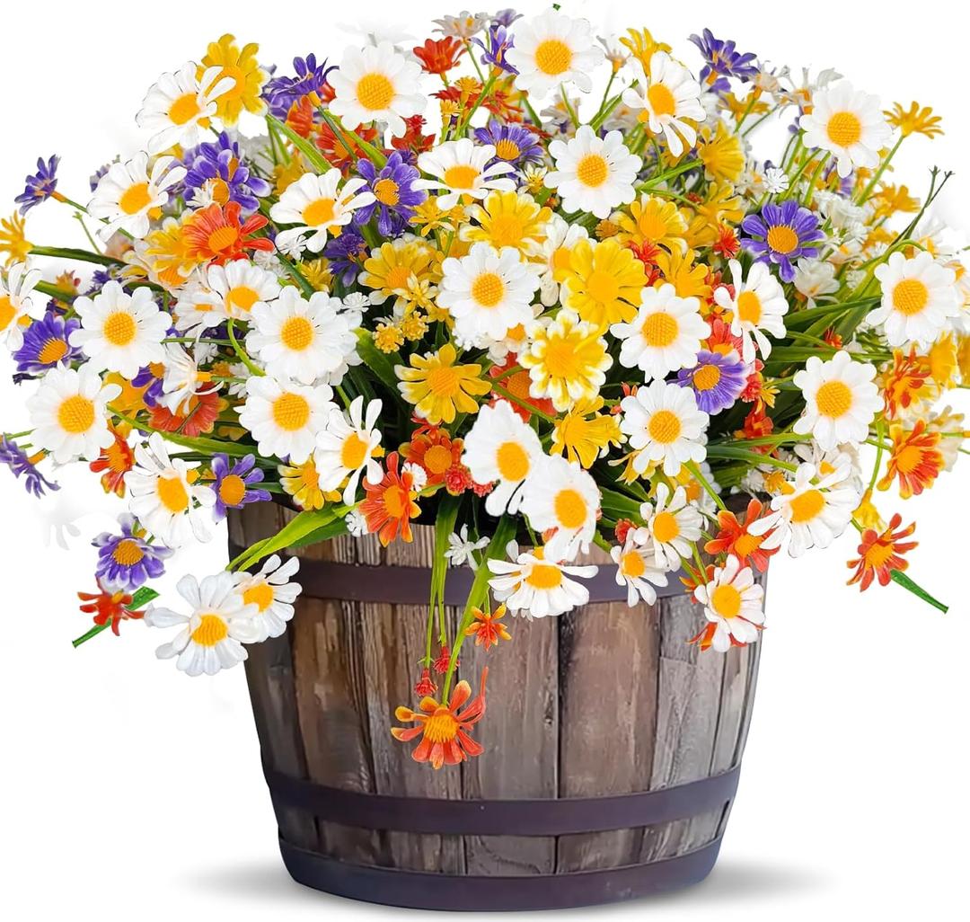 8 Bundles Artificial Daisy Flowers for Outdoors Summer Decor, UV Resistant No Fade Fake Cemetery Flowers Faux Plastic Greenery Shrub Plants for Hanging Garden Window Porch Memorial Day Decor(Colors)