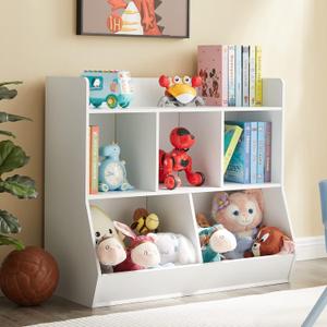 Toy Storage Organizer with Bookshelf, 5-Cubby Children's Toy Shelf, Toy Storage Cabinet, Suitable for Children's Room, Playroom, Hallway, Kindergarten, School (White)