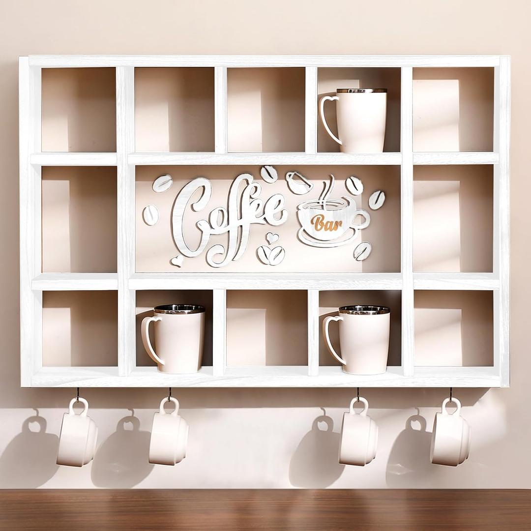 Cinnvoice Oversize Coffee Mug Display Shelf for Wall Wood Coffee Mug Rack Wall Mounted Shelf Cubes Cup Hooks Hanger with Bar Sign Decor for Kitchen Station Bar Accessories(Old White)