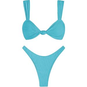 ZAFUL 2025 Cheeky Bikini Sets for Women High Cut Swimsuit Textured Ribbed Bikini Thong Bathing Suit (Small, Blue)