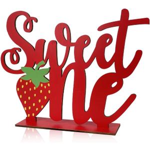 Strawberry Theme Birthday Party Wooden Centerpiece Signs Berry Sweet One Letter Sign Table Topper for Baby Girls Strawberry 1st Birthday Party Photo Props Favors Supplies