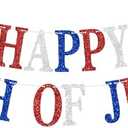 Happy 4th of July Banner, Red & Blue with Silver Fourth of July Sign, Patriotic Independence Day/Memorial Day Party Decorations, 2 Pack