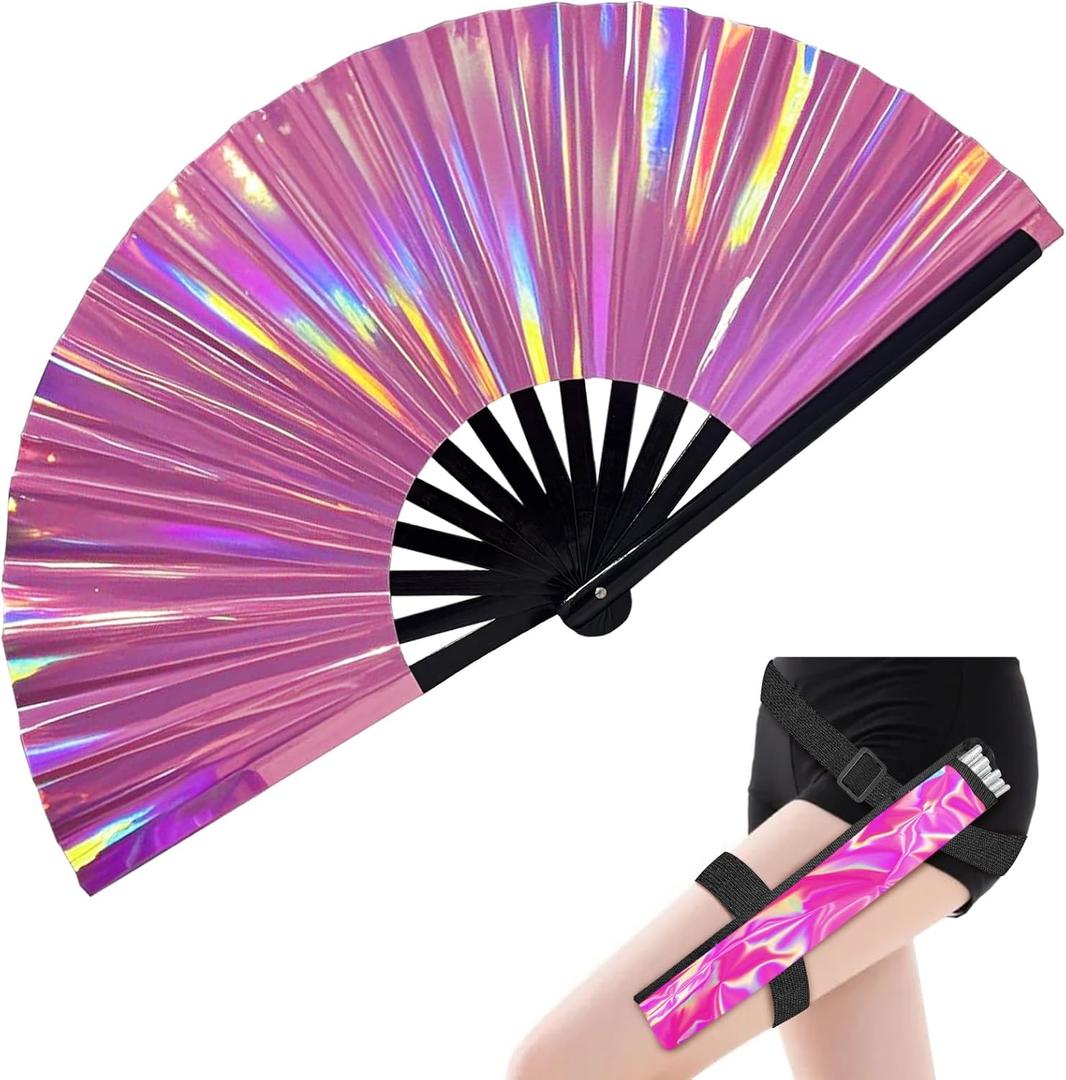 Large Holographic Rave Fan Folding Hand Fans for Line Dancing Portable Handheld Clack Fan with Holster for Festival EDM Party Music Outfit Accessories (13" Pink Suit)