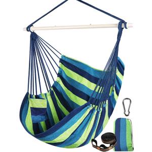 Chihee Hammock Swing Chair - Strong Metal, Collapsible, Portable, Max 500 lbs, Comfy Seat, Patio & Lawn, Cotton Blended, Indoor/Outdoor (130 x 100 cm - Collapsible Bar, Blue Green Stripes)