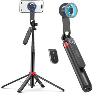 PlusAcc 69 Magnetic Selfie Stick Tripod - Extendable Phone Mount for MagSafe, 360Rotation Travel Stand with Rechargeable Remote, Compatible with iPhone, Camera, Video Recording